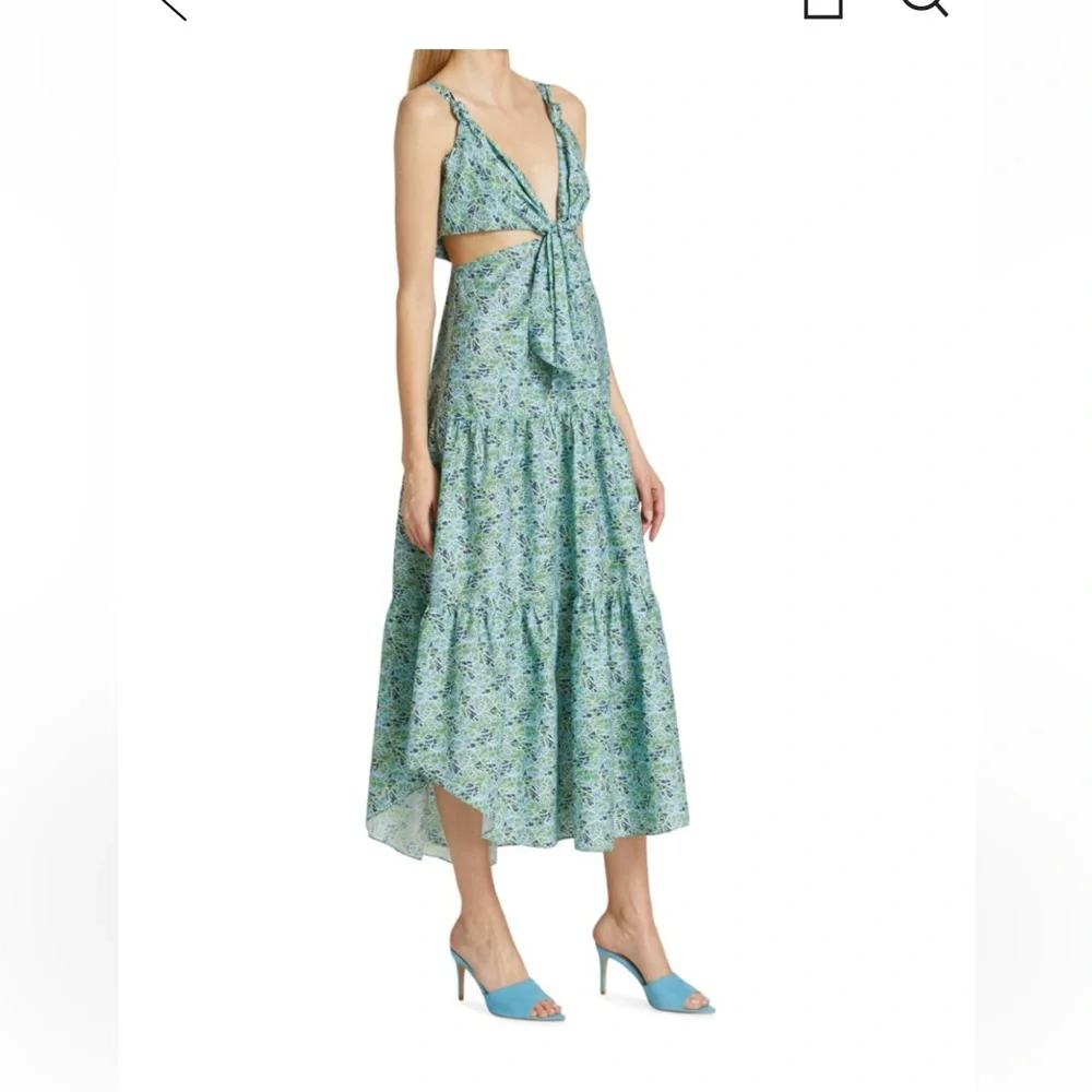 CINQ À SEPT Davian Cut Out Blue Green Knotted Midi Dress, Size 2